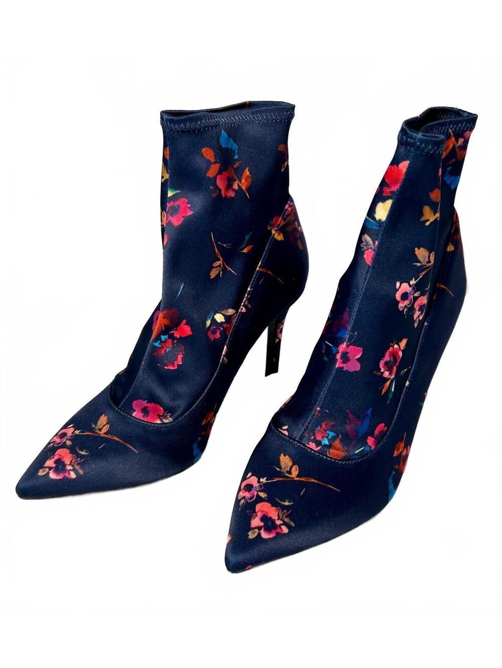 Gianni Bini 8.5M Navy Floral Satin-Look Sock Booties Pointed Toe Stiletto Heels